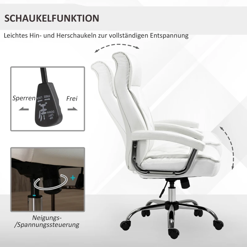 Vinsetto bureaustoel kantoorstoel gaming stoel draaistoel ergonomisch met wipfunctie in hoogte verstelbaar ruitpatroon modern elegant luxe PU leer metaal schuim wit 66x69x121 cm