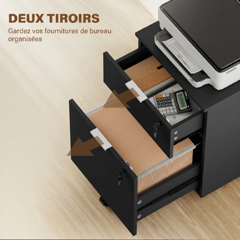HOMCOM Caisson de bureau, meuble de rangement 2 tiroirs 2 barres pour dossier suspendu, verrouillable avec 2 clés 42x40x60 cm
