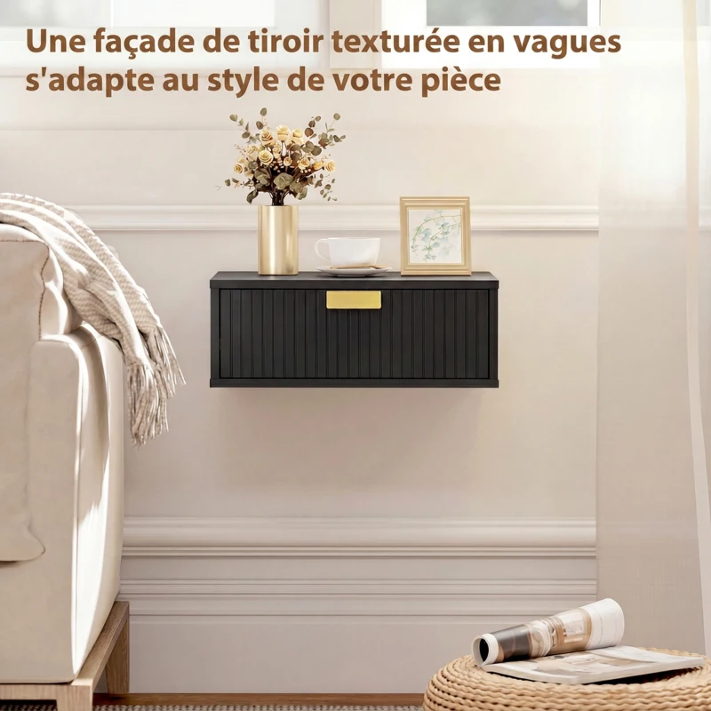 HOMCOM Lot de 2 Tables de Chevet Murales, Tables de Nuit Suspendues avec Tiroir Ondulé, 40 x 30 x 15 cm, Noir