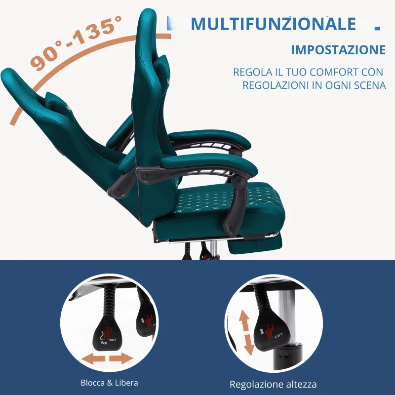 Sedia da gaming con poggiapiedi, cuscino morbido per nuca e lombare, cuscini di supporto rimovibili, 60x60x122 cm, blu marino