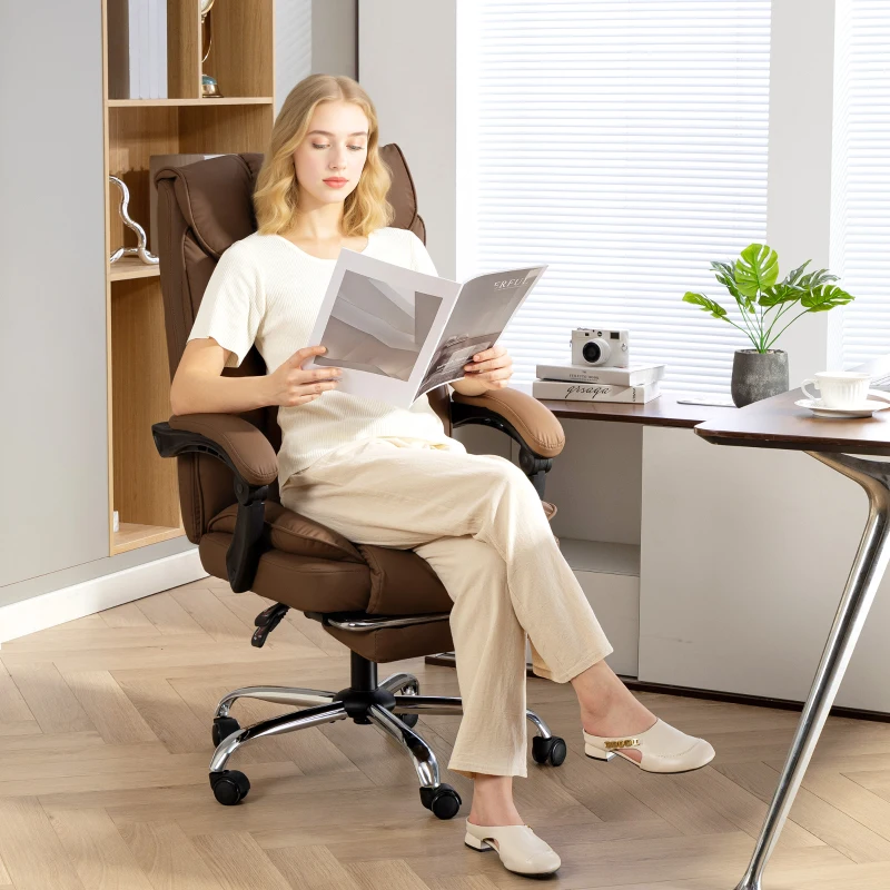 HOMCOM Silla de Escritorio con Reposapiés Respaldo Reclinable Acolchado Grueso Tapizada en Cuero Sintético Marrón