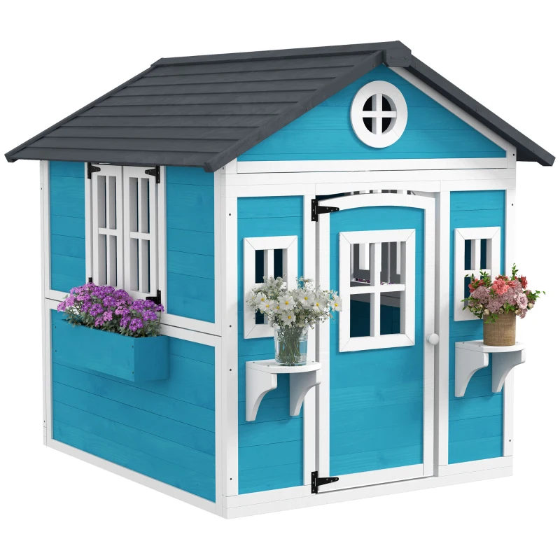 Outsunny Kinderspeelhuis, houten speelhuis voor kinderen, buitenspeelhuis met ramen, bloempotten, 3-8 jaar, blauw(m-11)