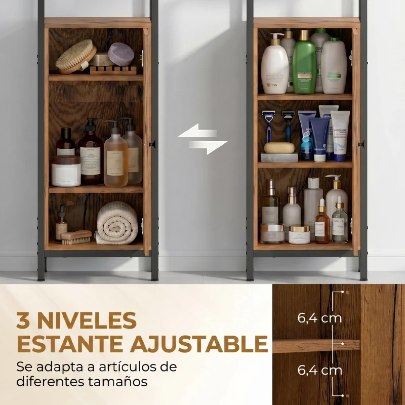 kleankin Columna de Baño Estrecha con Puerta de Lamas Estantes Ajustables Compartimentos Abiertos 37x30x167 cm Marrón Rústico