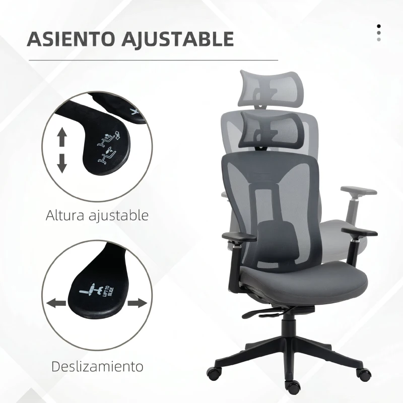 Vinsetto Silla de Escritorio de Malla con Reposacabezas Ajustable Soporte Lumbar y Reposabrazos 3D 70x66x128 cm Gris