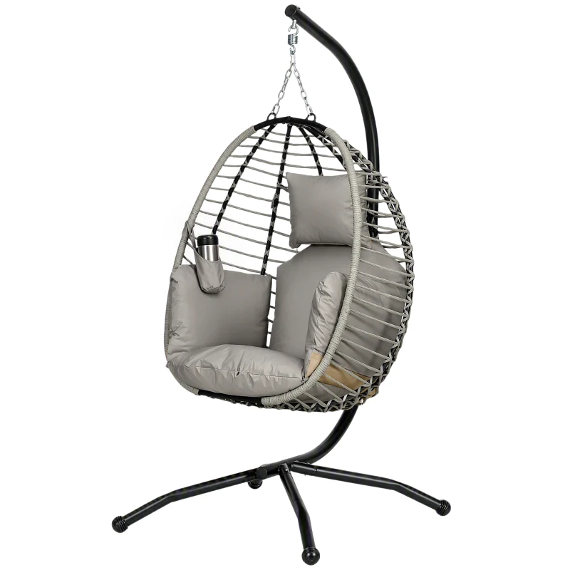 Outsunny Hangstoel, zit- en rugkussen, opvouwbare zitmand, bekerhouder, metalen frame, grijs