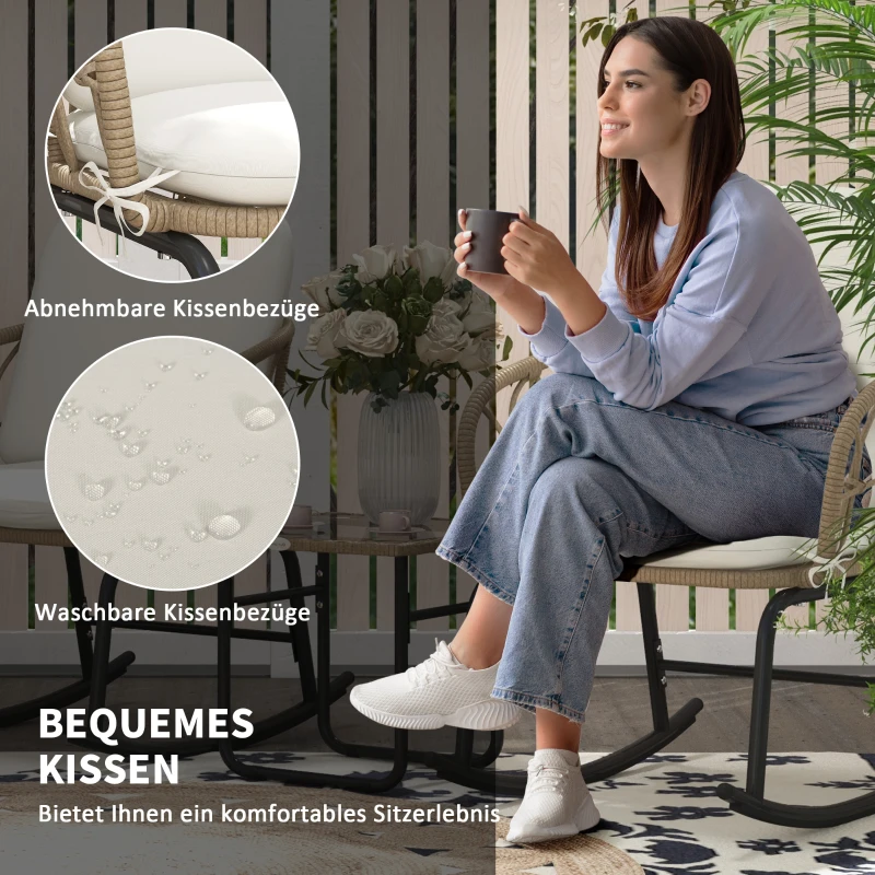 Outsunny Schommelstoelset Schommelstoelen Bistro-set, Boho-stijl, PE-rattan, weerbestendig, Crème