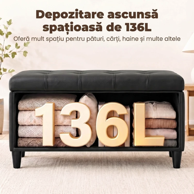 HOMCOM Bancă cu depozitare 136 L, taburet cu ladă 110x41x42 cm, piele ecologică pet-friendly, negru