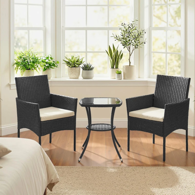 Outsunny 3 Piece Rattan Bistro Set, PE Wicker Garden Furniture Conversation Set with 2 Tier Glass-Top Table, Chairs, Cream White