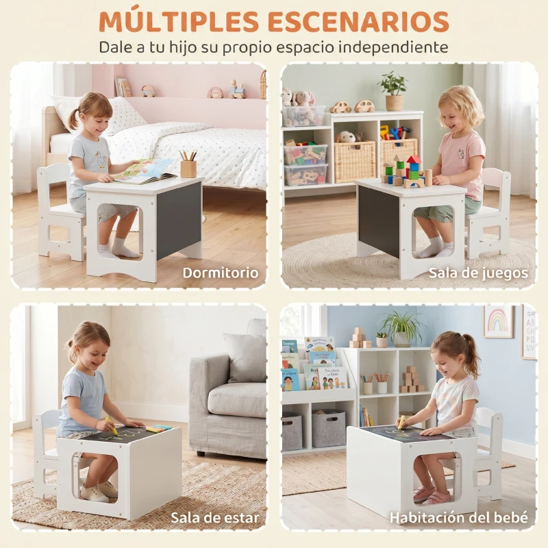 AIYAPLAY Mesa Infantil con Silla Tablero Reversible Mesa y Silla Infantil con Pizarra para Dibujo para Niños 3-6 Años Blanco