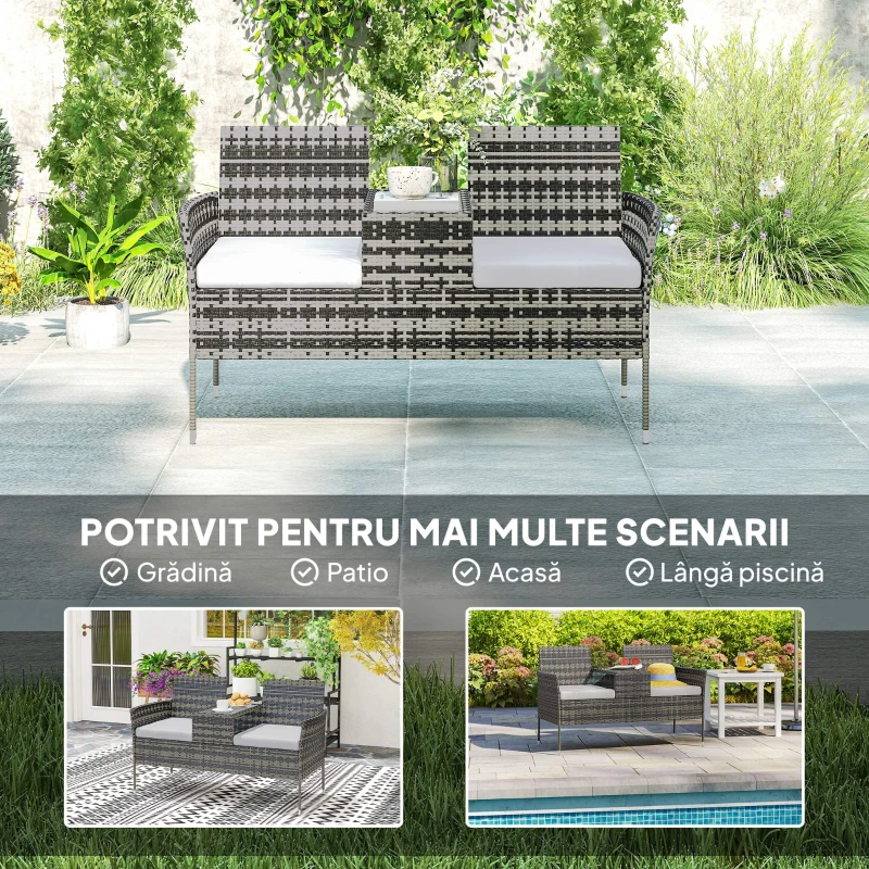 Outsunny Banchetă de Exterior cu 2 Locuri și Măsuță de Cafea, din Oțel și Ratan PE, 137x59x82 cm, Gri