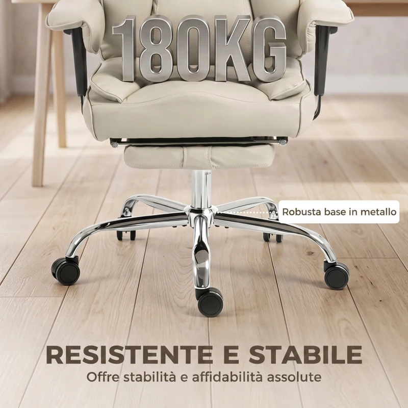 HOMCOM Sedia Ufficio Girevole Reclinabile 135° Finta Pelle, Poggiapiedi, Braccioli e Altezza Regolabili, Grigio Chiaro