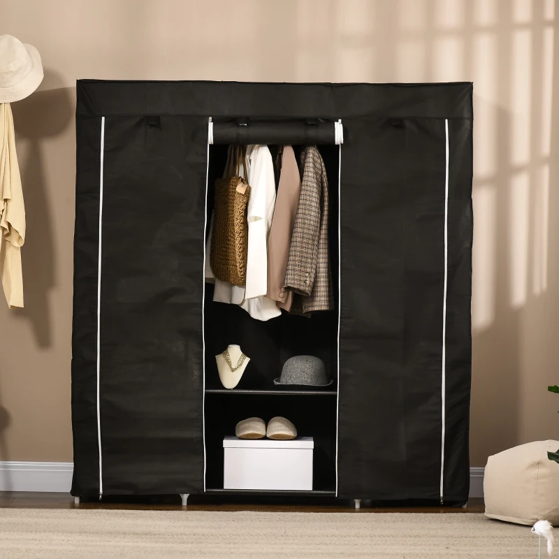 HOMCOM Armoire de rangement penderie en tissu pliable avec barre de suspension et étagères, 150 x 43 x 162,5 cm, noir
