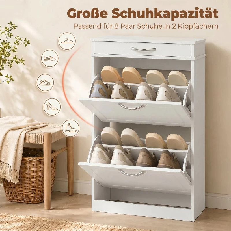 HOMCOM Schoenenkast met 2 kleppen, smal rek met lade en verstelbare schotten, voor 8 paar schoenen