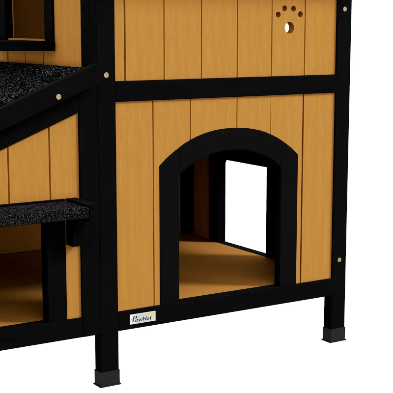 PawHut Kattenhuis Kattenhut Kattenhol, inclusief bloembak, 96 cm x 65 cm x 85,5 cm, Geel + Wit + Zwart(m-9)