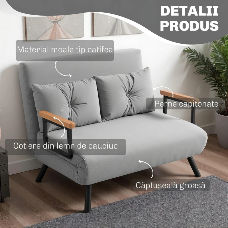 HOMCOM Canapea Extensibilă Cu Aspect Catifelat și Spătar Reglabil, Gri Deschis