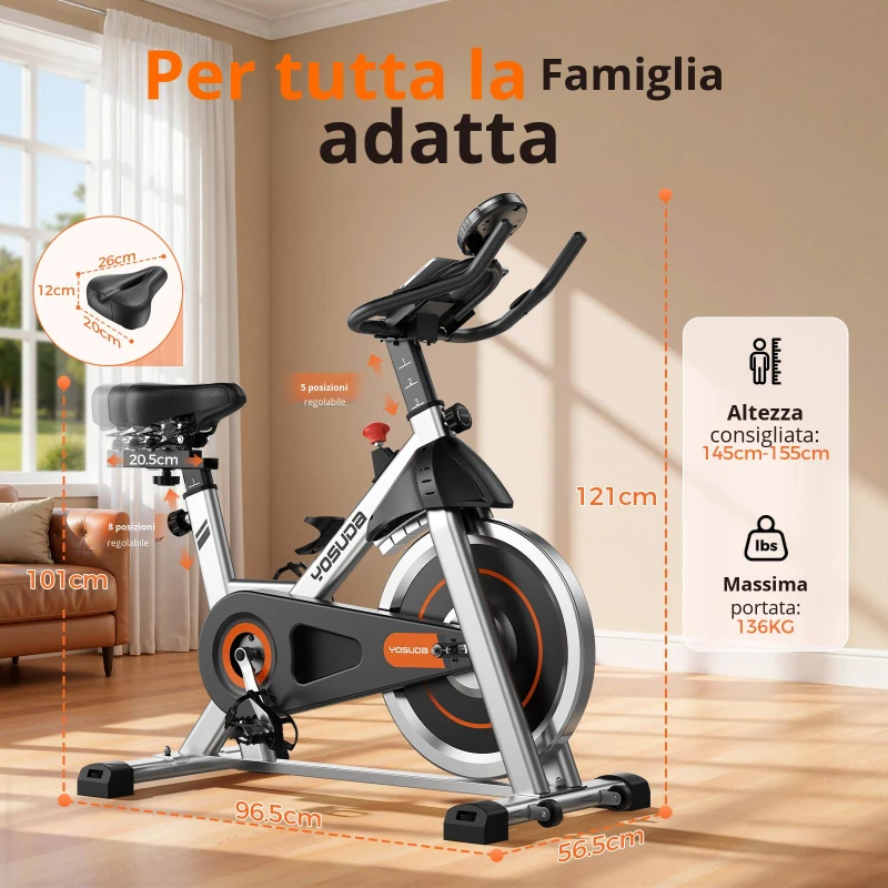 Cyclette per casa, telaio sicuro in acciaio al carbonio con pedane antiscivolo, manubrio regolabile, 96,5x56,5x121 cm, Nero