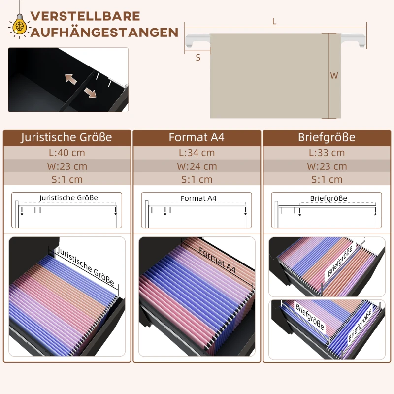 Vinsetto Rolcontainer Dossierkast, 3 Lades, Afsluitbaar, Op Wielen, 37 cm x 43,5 cm x 60 cm, Zwart