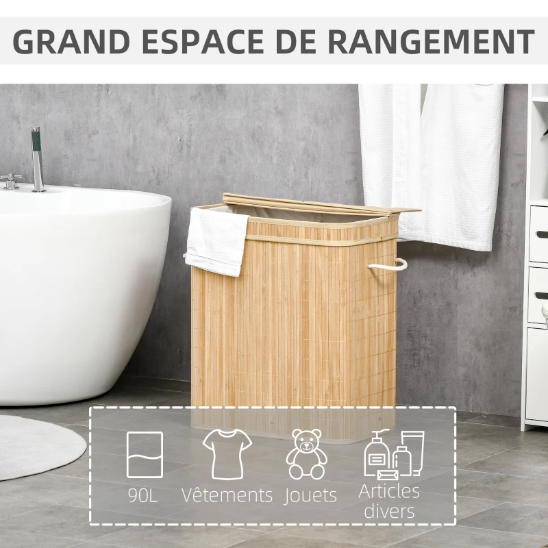 HOMCOM Panier à linge en bambou avec couvercle et poignées capacité 90 litres avec 2 sections et un sac amovible en tissu - 54,2 x 35,2 x 59,5 cm