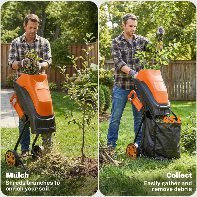 Outsunny 2500W Electric Wood Chipper, Corded Wood Mulcher Shredder with 45L Collection Bag, 4300RPM, 44mm Cutting Diameter