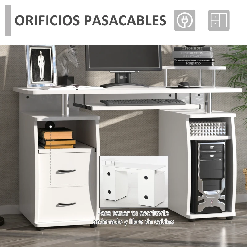 HOMCOM Mesa de Ordenador PC 120 cm Mesa Escritorio de Oficina con Múltiples Estantes 2 Cajones Bandeja de Teclado y Soportes para Monitor CPU 120x55x85 cm Blanco
