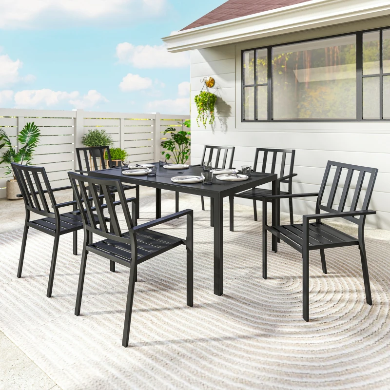 Outsunny Seven-Piece Minimal Metal Garden Dining Set, with Parasol Hole - Black