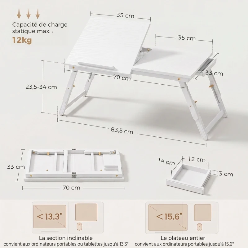HOMCOM Table de lit pliable et réglable, plateau de lit pour ordinateur portable en bambou plateau inclinable 83,5x33x34cm blanc