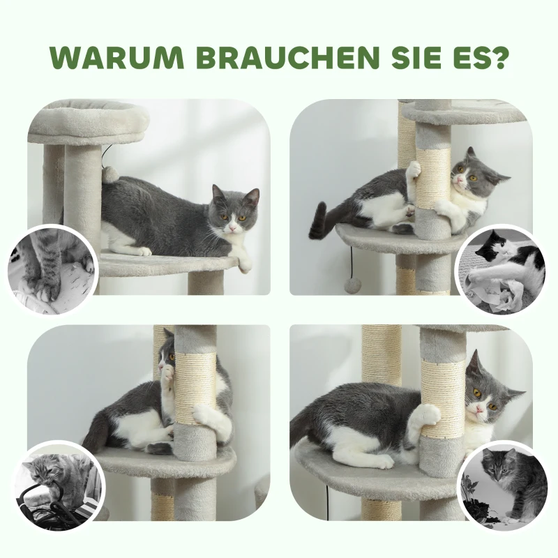 PawHut Krabpaal 114 cm klimtoren met hol, sisalstammen, platform, meerlaagig voor middelgrote katten tot 6 kg, Lichtgrijs