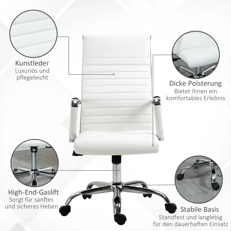 Vinsetto bureaustoel ergonomische bureaustoel met wipfunctie directiestoel hoogteverstelbare draaistoel gestoffeerd kunstleer schuim Wit 54 x 62 x 104-114 cm