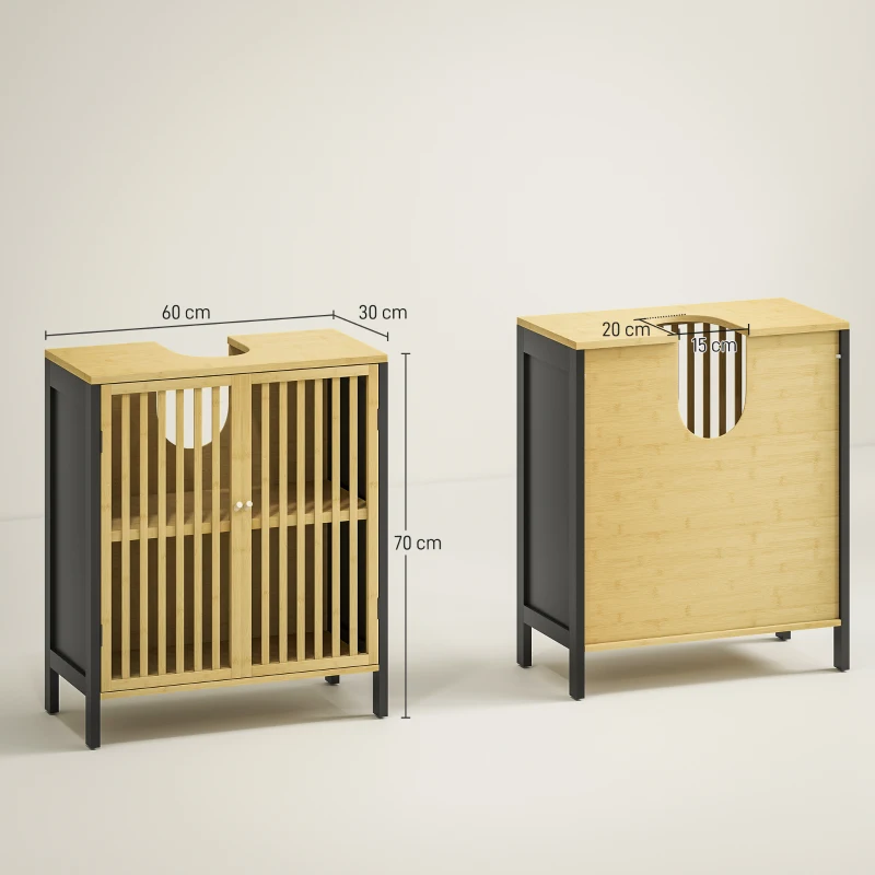 HOMCOM Mobile Sottolavabo Bagno con 2 Ante a Doghe in Legno di Bambù e MDF con Intaglio a U, 60x30x70cm