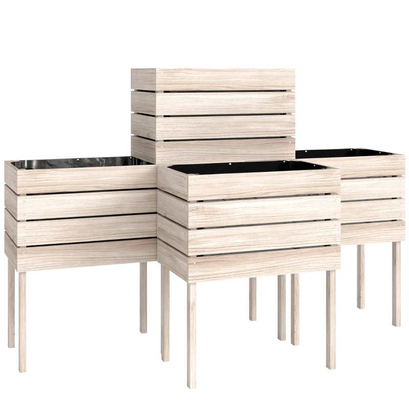 Outsunny 4-delig verhoogd bloemenbed van hout 4 combinatiemodi tuinbalkon 50 x 30 x 60 cm naturel