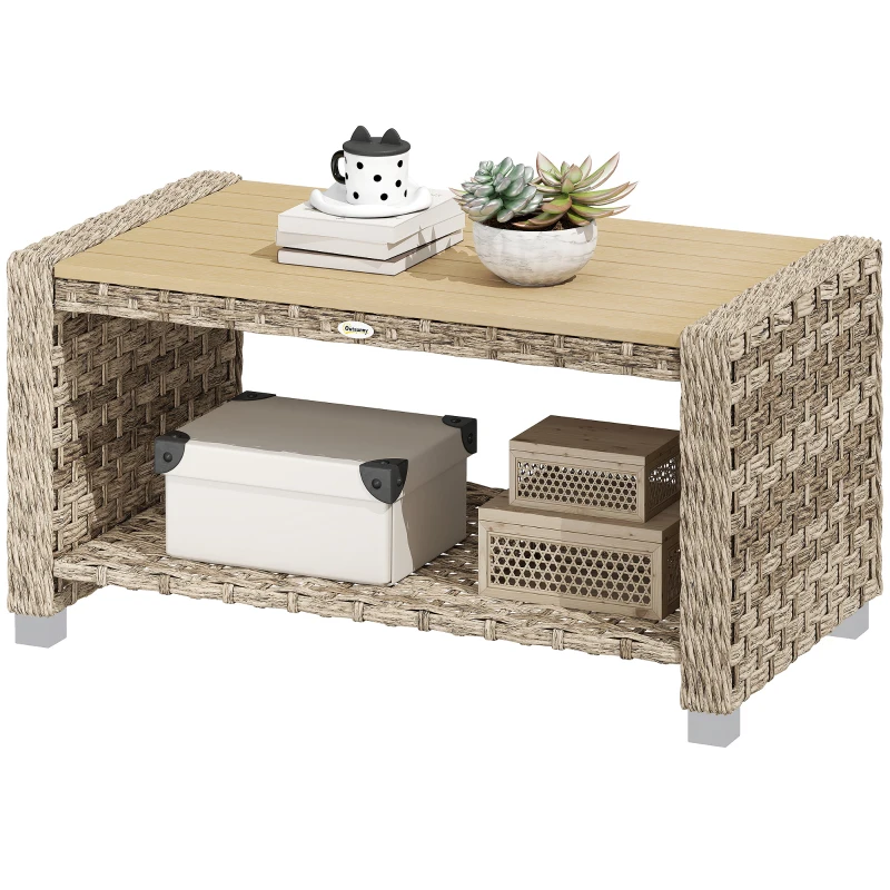 Outsunny Outdoor Coffee Table with Storage Shelf, PE Rattan Side Table with Slatted Top and Foot Pads, Light Brown