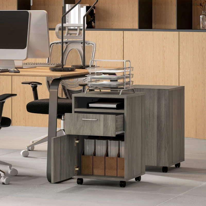 HOMCOM Cassettiera Portadocumenti a 4 Ruote con Ripiano Aperto e Cassetti, in Legno e Metallo, 40x35x60 cm, Grigio