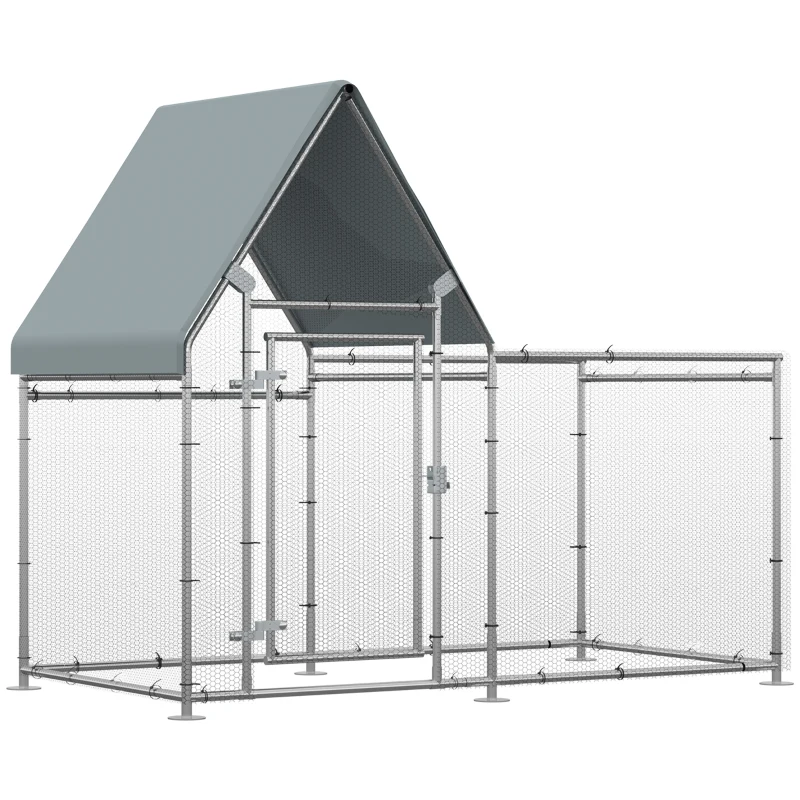PawHut Gallinero de Exterior Grande 2x1,05x1,72 m con Tejado de Tela Oxford Jaula de Acero Galvanizado para Gallinas Conejos Aves de Corral con Cerradura Plata