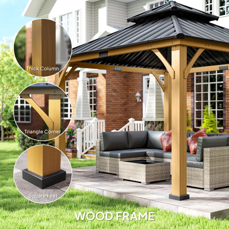 Outsunny 3.5 x 3.5m Outdoor Hardtop Gazebo Canopy with Two-tier Metal Roof and Solid Wood Frame Outdoor Patio Shelter for Patio, Garden, Black