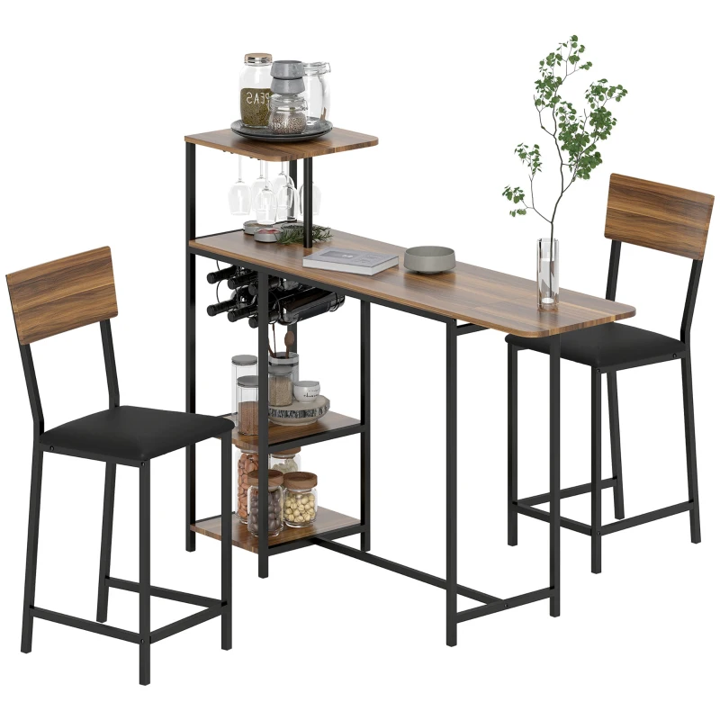 HOMCOM 3-delige Bartafelset, 1 Bartafel, 2 Stoelen, met Wijnrek, Glazenhouder, Open Planken, Voetensteunen, Bruin(m-10)