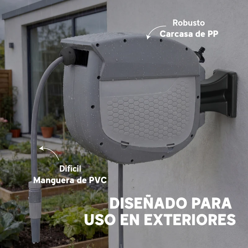 Outsunny Carrete de Manguera Retráctil 20+1,9 m con Boquilla de 2 Modos Bloqueo Automático y Retracción Controlada Soporte Gris
