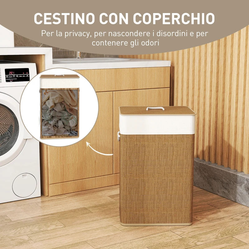 HOMCOM Cesto Portabiancheria 72L con Coperchio in Bambù, Manici in Corda e Sacco Rimovibile, Marrone