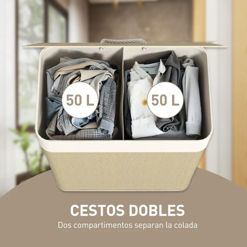 HOMCOM Cesto de Ropa Sucia de Bambú con 2 Compartimentos Asas para Facilitar el Uso y Bolsas Desmontables Lavables 52x32x63 cm
