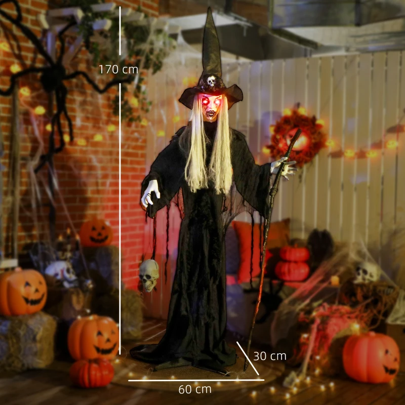 Outsunny 170 cm Halloween Decoratie Halloween Heks met LED-lichten, Geluidsfunctie verstelbare Armen, Hoofd
