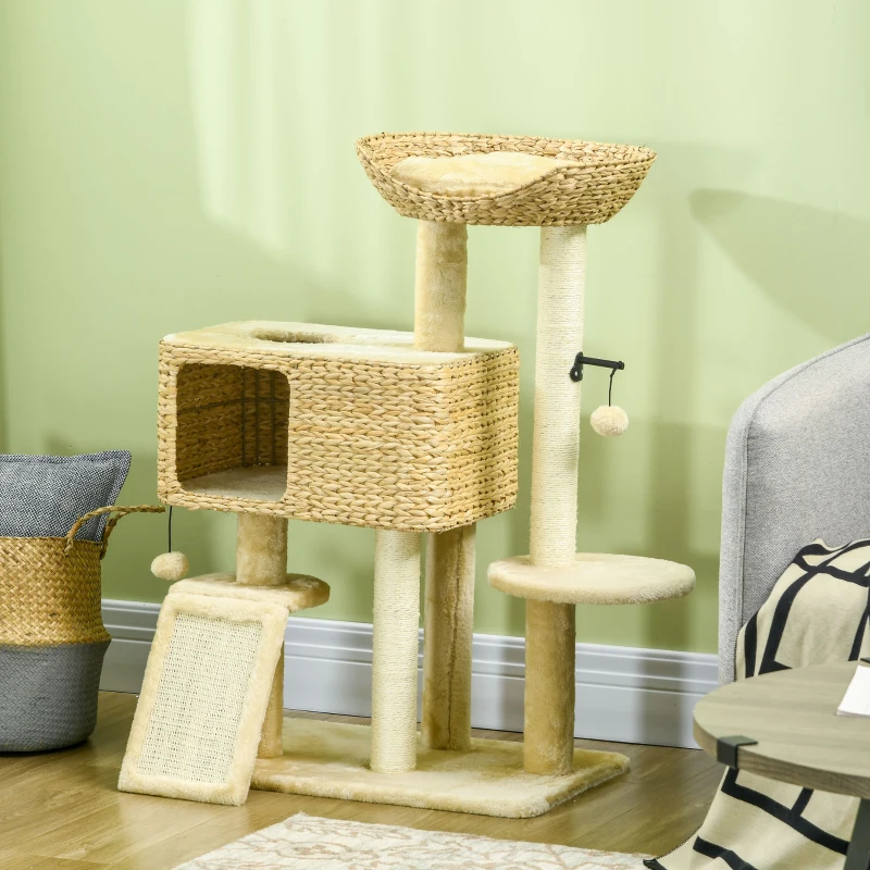 PawHut 95cm Cat Tree Tower for Indoor Cats, with Scratching Post, Cat House, Toy Ball, Platform - Beige