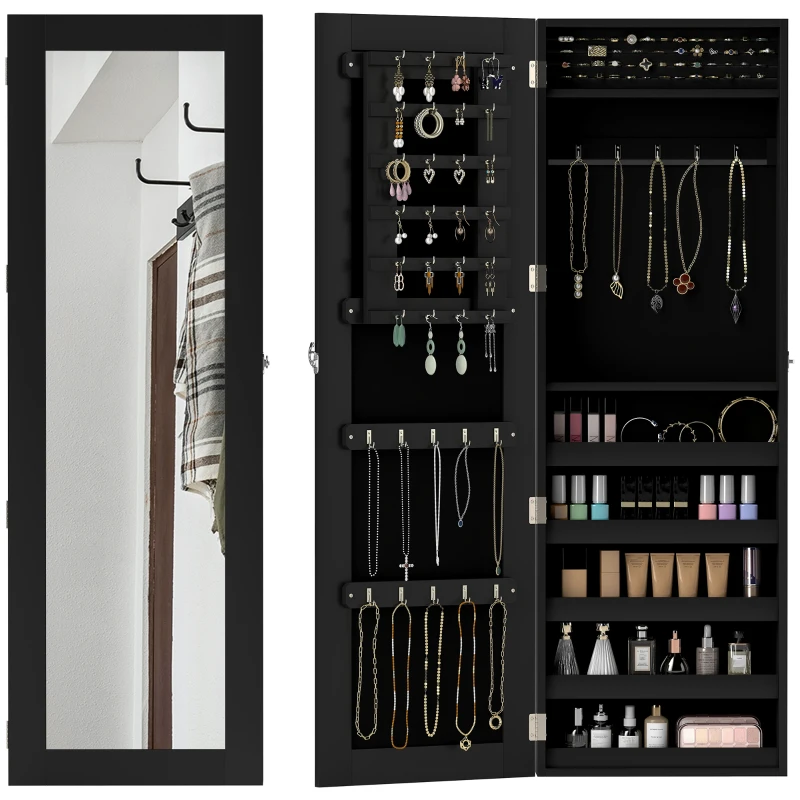 HOMCOM Espejo Joyero Colgante de Pared Armario de Joyería Organizador de Joyas con Ganchos y Ranuras para Collares para Dormitorio Salón 37x9,5x112 cm Negro