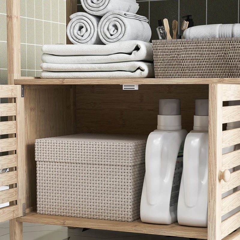 HOMCOM Estante para Casa de Banho de Bambu com 3 Prateleiras Abertas Estante de Arrumação Casa de Banho com Portas Ripadas 63x30x138 cm Madeira e Branco