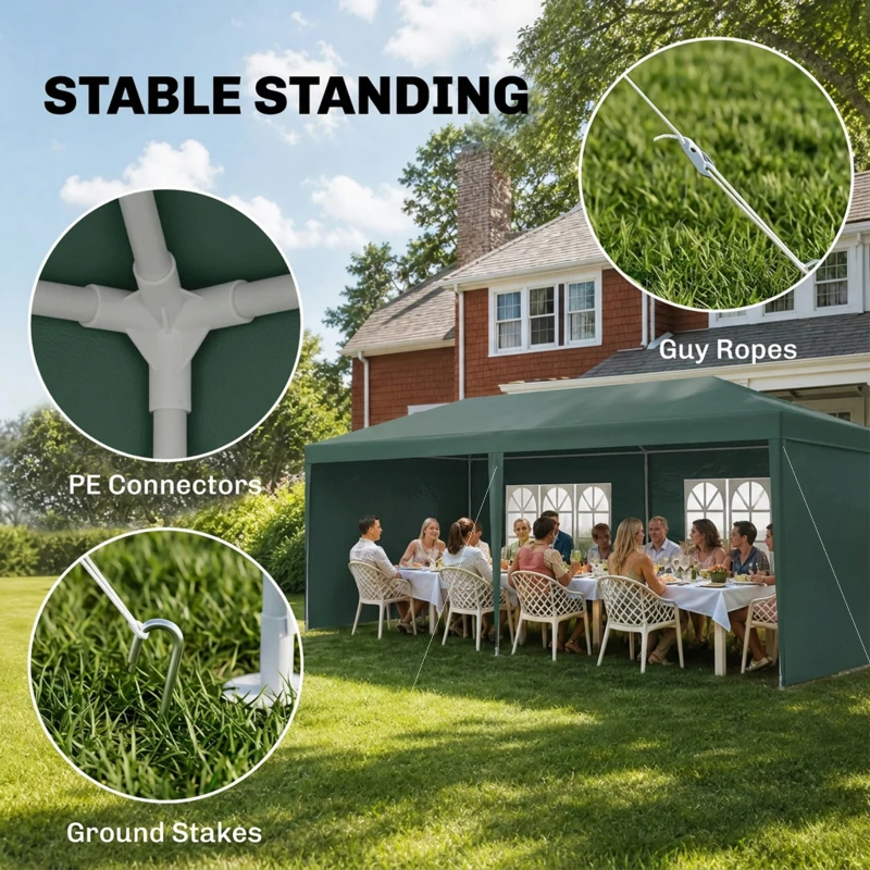 Outsunny 6x3 m Party Tent Gazebo Marquee Outdoor Patio Canopy Shelter with Windows and Side Panels, Green