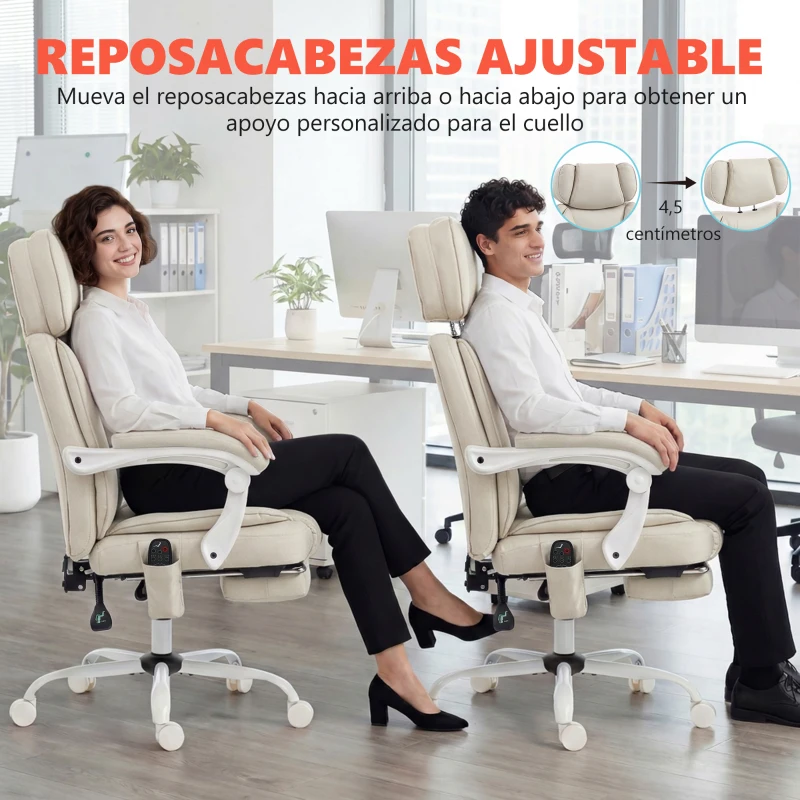 HOMCOM Silla de Escritorio Reclinable con Masaje Vibratorio de 6 Puntos Calor Lumbar Reposacabezas Ajustable Reposapiés Crema