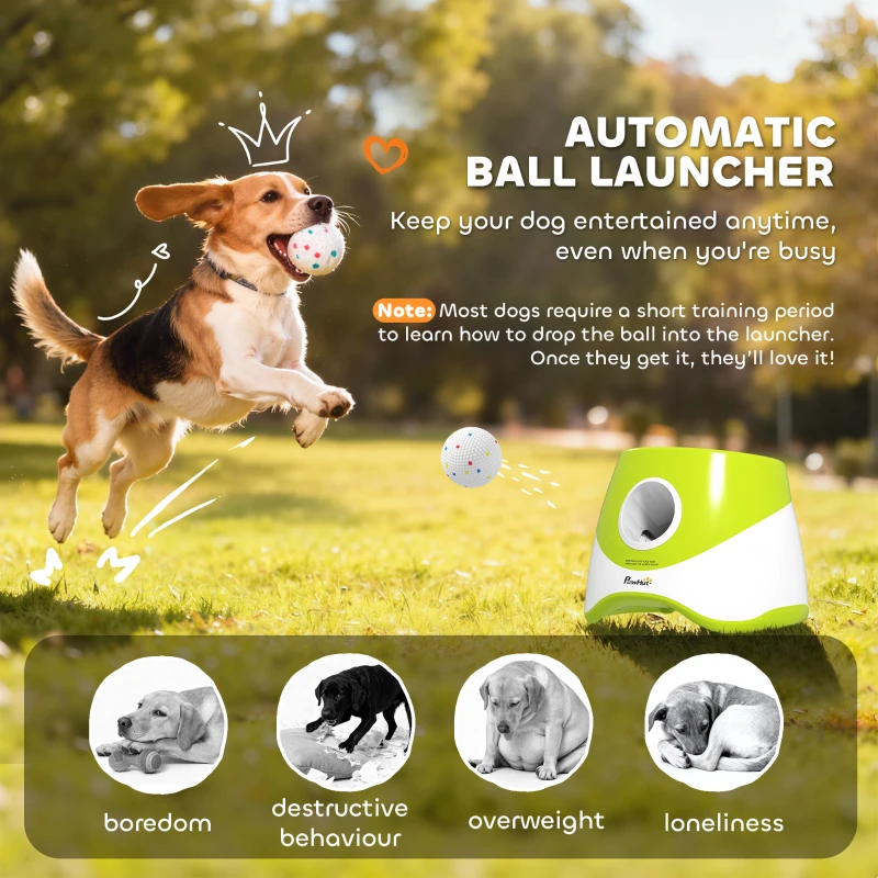 PawHut Automatic Dog Ball Launcher with 5 ETPU Balls 2.3", 3 Distance Settings 20/33/46ft, Green