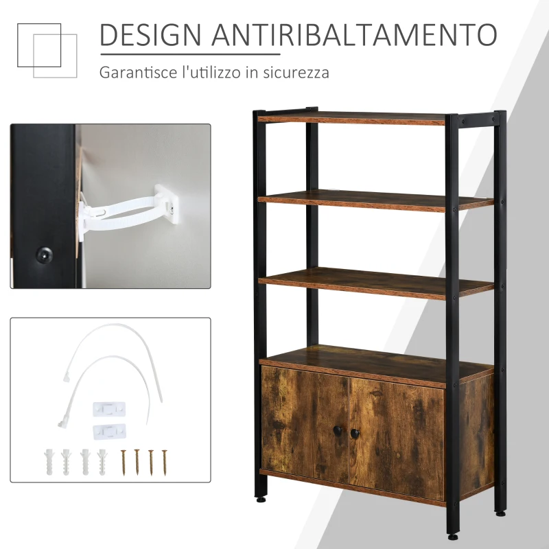HOMCOM Libreria Moderna Stile Industriale con 3 Mensole e Armadietto a 2 Ante Casa e Ufficio, Legno e Metallo, Marrone Rustico, 70x30x120cm