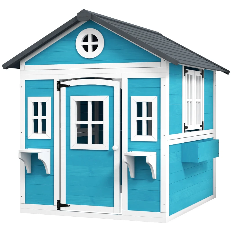 Outsunny Kinderspeelhuis, houten speelhuis voor kinderen, buitenspeelhuis met ramen, bloempotten, 3-8 jaar, blauw(m-10)
