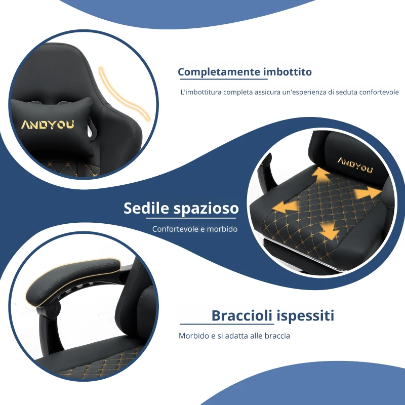 Sedia da gaming con poggiapiedi, morbido cuscino per collo e lombare, cuscini di supporto rimovibili, 60x60x122 cm, Nero