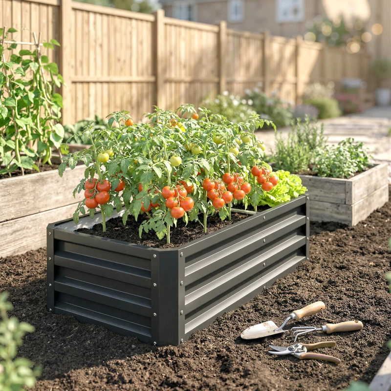 Outsunny Hoge plantenbak, weerbestendig, open bodem, verzinkt staal, 120 cm x 60 cm x 30,5 cm, Grijs