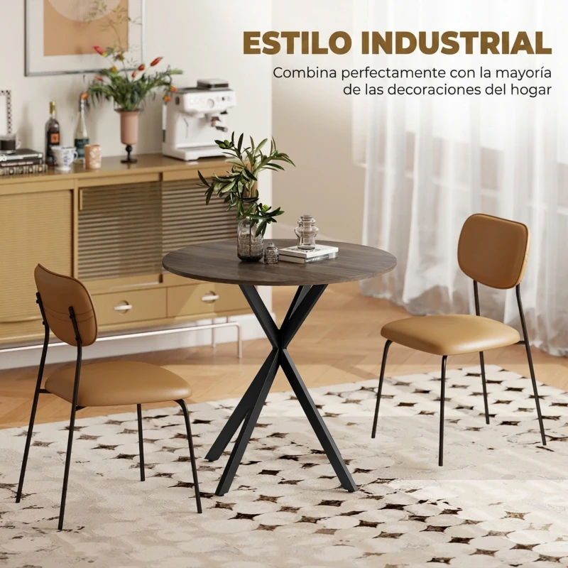 HOMCOM Mesa Redonda de Comedor para 2 Personas con Patas de Acero Cruzadas Ø80x75 cm Marrón